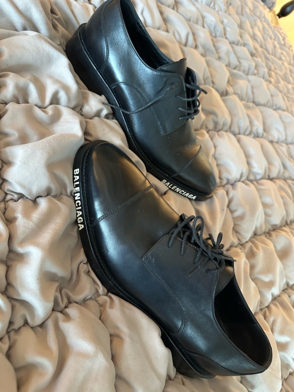 Balenciaga Black Leather Lace-Up Derby Shoes with Logo Trim - Picture 2 of 2